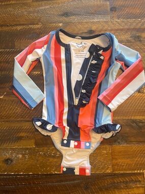 Made by Molly Girls' Long-Sleeve Stripe One-Piece Swimsuit in Coral, Navy & Sky